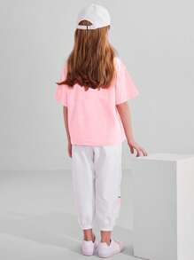 Chica adolescente Set Camiseta de hombros caídos con estampado de letra con pantalones