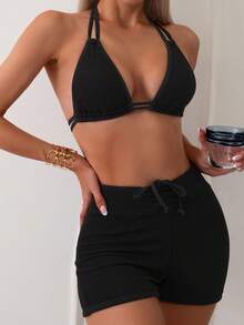 素色掛脖比基尼泳裝 - 黑色 - 查看 3