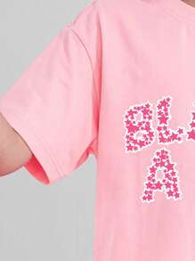Chica adolescente Set Camiseta de hombros caídos con estampado de letra con pantalones
