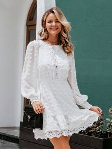 Simplee Swiss Dot Guipure Lace Trim Layered Hem Dress - White - View 6
