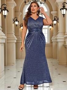 大碼亮片拼接金屬亮絲魚尾裙下擺晚上派對禮服 - 藏蓝色 - 查看 1