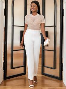 仿珍珠装饰网眼连体裤（不含胸罩） - 彩色 - 查看 1