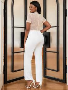 仿珍珠装饰网眼连体裤（不含胸罩） - 彩色 - 查看 2