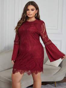 Eilly Bazar Đầm Plus Size Tương phản ren màu trơn Thanh lịch - Màu Đỏ Sâu - Xem 1