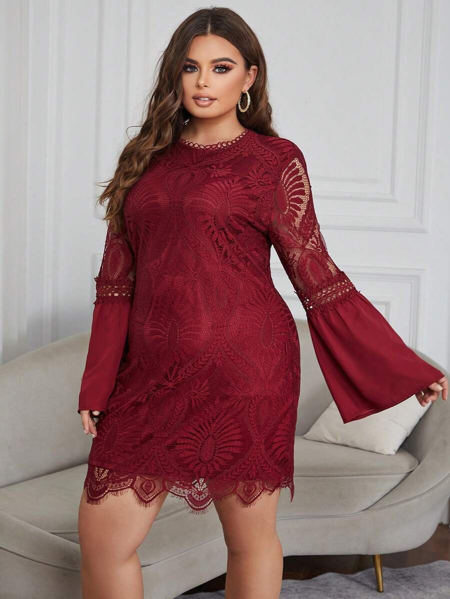 Eilly Bazar Đầm Plus Size Tương phản ren màu trơn Thanh lịch - Màu Đỏ Sâu - Xem 1