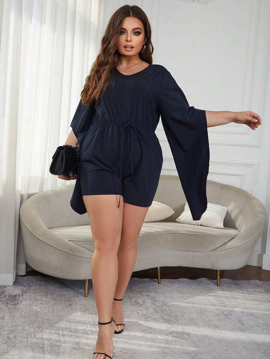 Eilly Bazar Plus Split Sleeve Belted Romper - Navy Blue - View 1