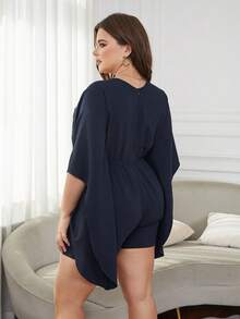 Eilly Bazar Plus Split Sleeve Belted Romper - Navy Blue - View 2