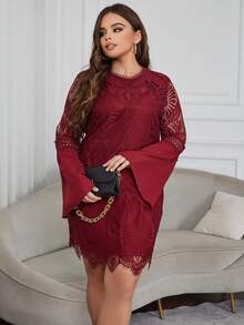 Eilly Bazar Đầm Plus Size Tương phản ren màu trơn Thanh lịch - Màu Đỏ Sâu - Xem 3