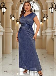 大碼亮片拼接金屬亮絲魚尾裙下擺晚上派對禮服 - 藏蓝色 - 查看 6