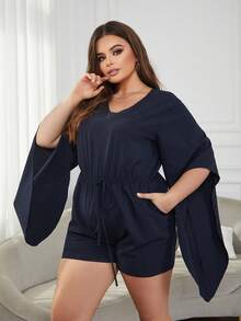 Eilly Bazar Plus Split Sleeve Belted Romper - Navy Blue - View 3