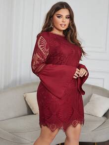 Eilly Bazar Đầm Plus Size Tương phản ren màu trơn Thanh lịch - Màu Đỏ Sâu - Xem 4