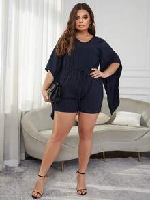 Eilly Bazar Plus Split Sleeve Belted Romper - Navy Blue - View 5