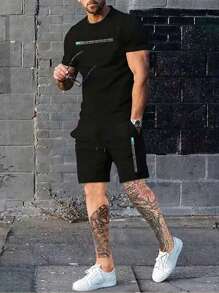 Manfinity Homme Men Slogan Graphic Tee & Drawstring Waist Shorts - Black - View 1