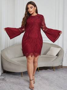 Eilly Bazar Đầm Plus Size Tương phản ren màu trơn Thanh lịch - Màu Đỏ Sâu - Xem 5