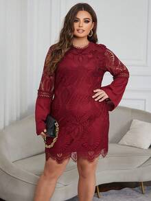 Eilly Bazar Đầm Plus Size Tương phản ren màu trơn Thanh lịch - Màu Đỏ Sâu - Xem 6