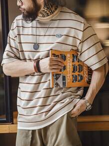 男士條紋印花落肩T恤 - 杏色 - 查看 1