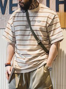 男士條紋印花落肩T恤 - 杏色 - 查看 2