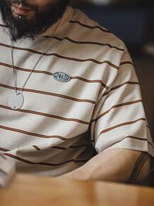 男士條紋印花落肩T恤 - 杏色 - 查看 3