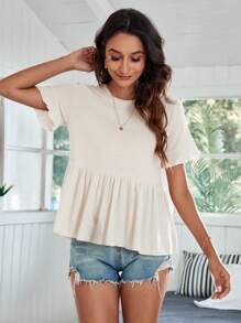 SHEIN Frenchy 華夫格編織荷葉邊T恤 - 杏色 - 查看 3