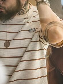 男士條紋印花落肩T恤 - 杏色 - 查看 4