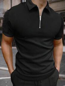 Manfinity Homme Men Solid Quarter Zip Up Ruched Sleeve Polo Shirt