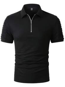 Manfinity Homme Men Solid Quarter Zip Up Ruched Sleeve Polo Shirt