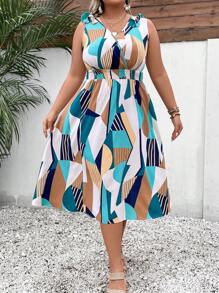 SHEIN Clasi Váy vai thắt nút họa tiết Boho Geo cỡ lớn, dành cho mùa hè - Nhiều màu - Xem 1