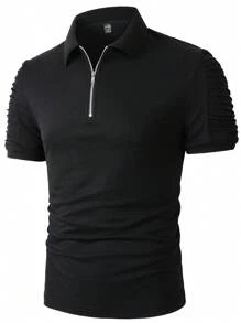 Manfinity Homme Men Solid Quarter Zip Up Ruched Sleeve Polo Shirt