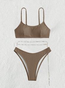 SHEIN Swim Summer Beach Plain Chain Belted Bikini Set Bathing Suit