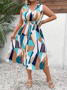 SHEIN Clasi Váy vai thắt nút họa tiết Boho Geo cỡ lớn, dành cho mùa hè - Nhiều màu - Xem 4