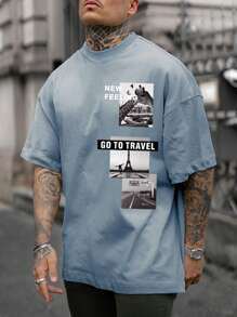 Manfinity Homme 男士字母和照片圖案T恤 - 霧霾藍 - 查看 1