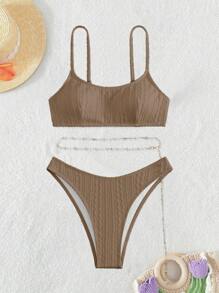SHEIN Swim Summer Beach Plain Chain Belted Bikini Set Bathing Suit