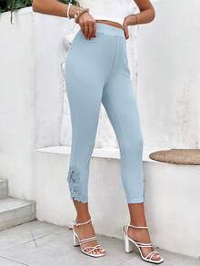 SHEIN LUNE Quần nữ Túi Tương phản ren màu trơn Giải trí - Màu xanh nhạt - Xem 4