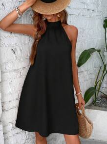 SHEIN LUNE Đầm Buộc lại màu trơn Giải trí - màu đen - Xem 1