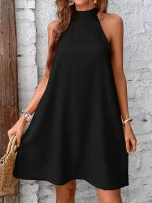 SHEIN LUNE Đầm Buộc lại màu trơn Giải trí - màu đen - Xem 3