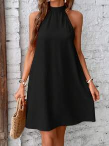 SHEIN LUNE Đầm Buộc lại màu trơn Giải trí - màu đen - Xem 4