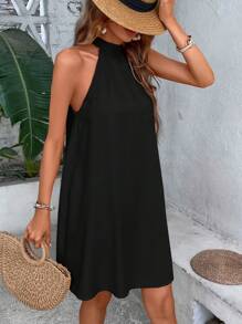 SHEIN LUNE Đầm Buộc lại màu trơn Giải trí - màu đen - Xem 5