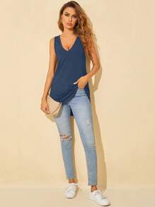SHEIN Tall Solid Tank Top - Navy Blue - View 3