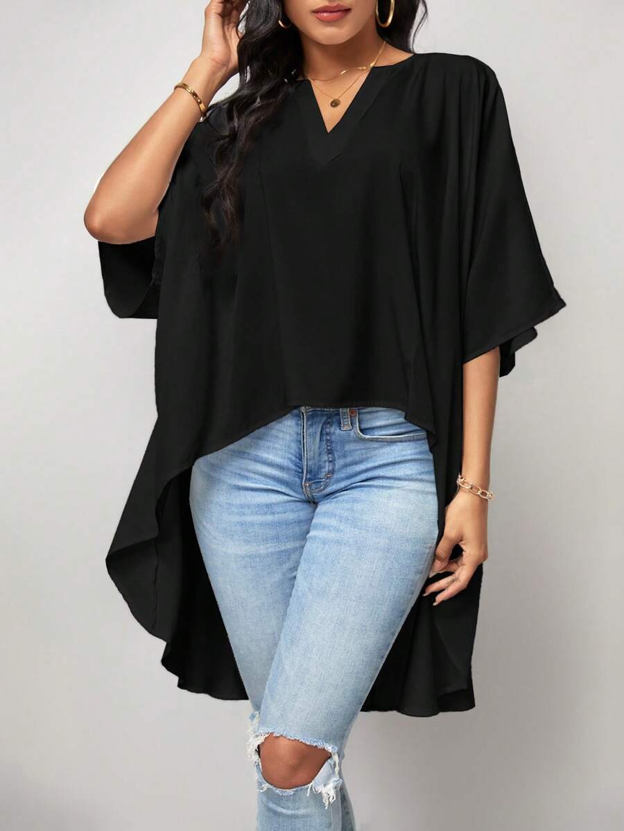 SHEIN LUNE Notched Neck Batwing Sleeve High Low Hem Blouse