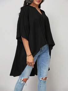SHEIN LUNE Notched Neck Batwing Sleeve High Low Hem Blouse