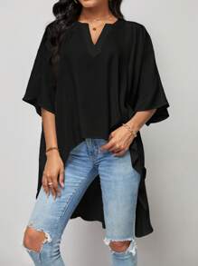 SHEIN LUNE Notched Neck Batwing Sleeve High Low Hem Blouse
