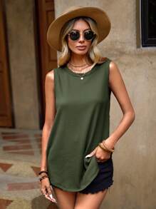 SHEIN LUNE Chất rắn Dệt kim Waffle Áo ba lỗ - xanh quân đội - Xem 3