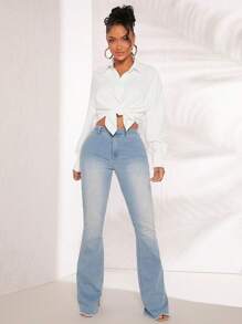 SHEIN SXY Commute Minimalist Office Old Money Simple Fall Elegant And Sexy Blue Stripe Women's Long Sleeve Shirt - White - View 3