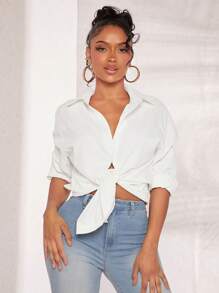 SHEIN SXY Commute Minimalist Office Old Money Simple Fall Elegant And Sexy Blue Stripe Women's Long Sleeve Shirt - White - View 4