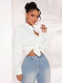 SHEIN SXY Commute Minimalist Office Old Money Simple Fall Elegant And Sexy Blue Stripe Women's Long Sleeve Shirt - White - View 7