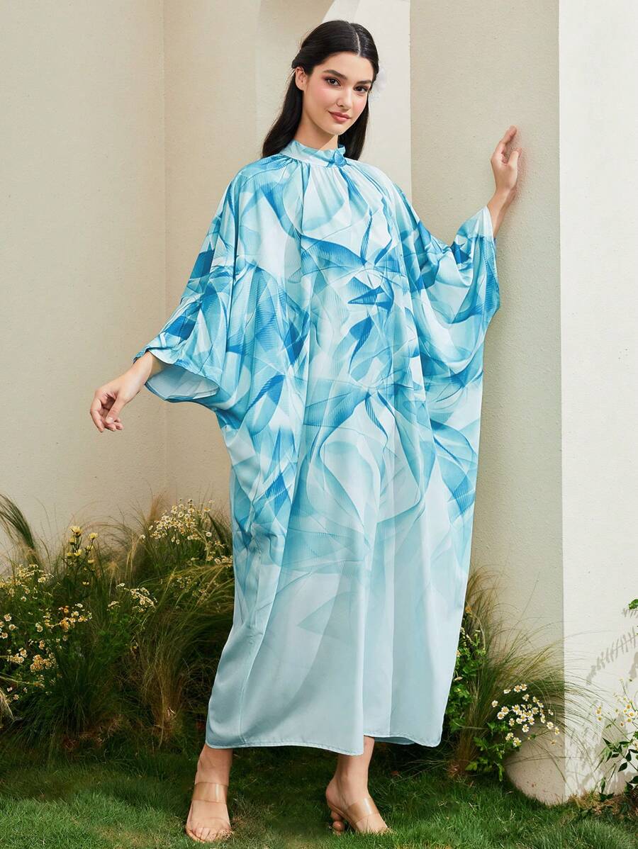 Al Najma Allover Print Batwing Sleeve Kaftan - Baby Blue - View 1