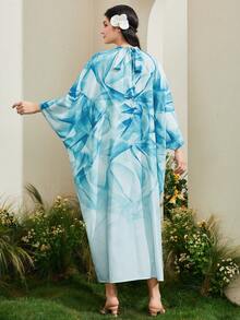 Al Najma Allover Print Batwing Sleeve Kaftan - Baby Blue - View 2