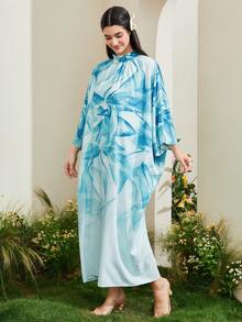 Al Najma Allover Print Batwing Sleeve Kaftan - Baby Blue - View 3