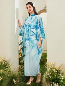 Al Najma Allover Print Batwing Sleeve Kaftan - Baby Blue - View 4