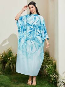 Al Najma Allover Print Batwing Sleeve Kaftan - Baby Blue - View 7